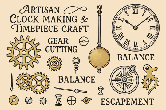Artisan Clock Making & Timepiece Craft Parts Vector Illustration