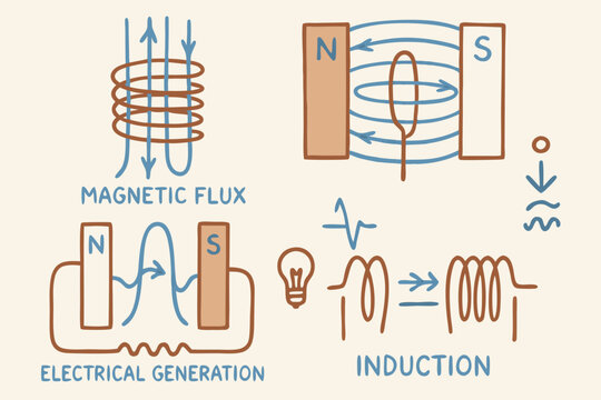 Electromagnetic Induction and Electrical Generation Concepts, Hand-Drawn Style
