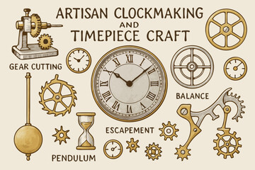 Artisan Clockmaking and Timepiece Craft Elements Vector Illustration