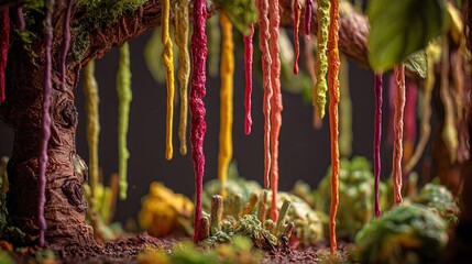 Close-up of a textured tree with vibrant colorful hanging stalactite-like formations and small plants on a blurred natural background in 4K