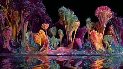 Surreal glowing forest with vibrant swirling colors reflected on a glossy surface in a dreamy, otherworldly digital landscape in 4K resolution