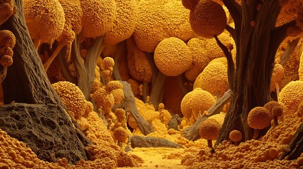 Surreal forest landscape with trees and ground covered in dense clusters of small round orange-yellow spheres in 4K resolution