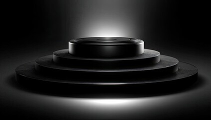 Dark, glossy, circular podiums, tiered, stage.  Spotlight illuminates center