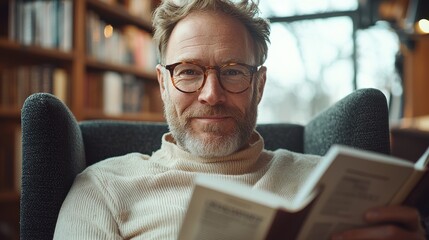 Bookstore browsing content mature man with beard reading glasses enjoying literature in cozy bookstore chair natural lighting