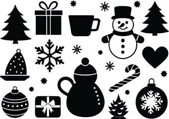 Christmas Holiday Vector Icons and Symbols in Black Silhouette on Transparent Background