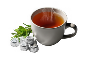 Steaming cup of tea with fresh mint and ice cubes