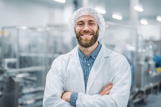 Food factory setting featuring a caucasian male performing quality checks.