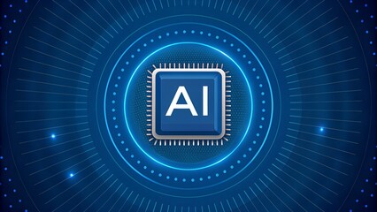 Ai chip on a blue background with radiating lines and circles indicating technology and connection