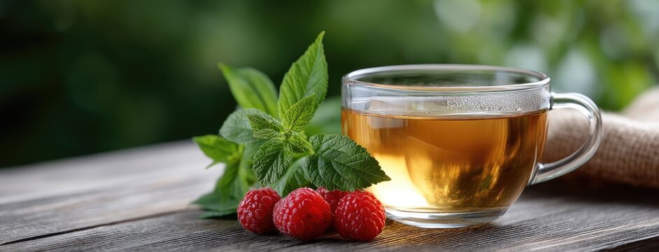 Refreshing herbal tea with raspberries and mint leaves on a wooden table in a sunny garden setting - Powered by Adobe
