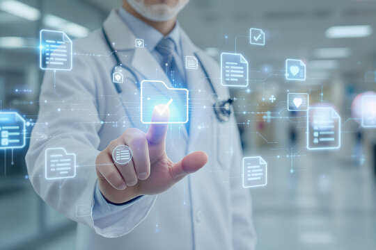 Doctor interacting with digital medical records and health data interface