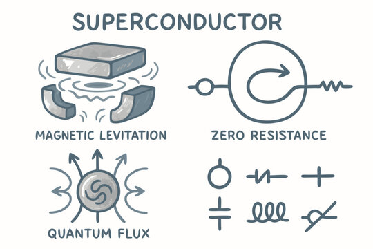 Superconductor Phenomena Illustrated Diagram: Magnetic Levitation, Zero Resistance, Quantum Flux