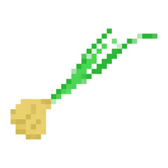 Fototapeta premium A pixel style onion with fresh green leaves, showing a retro and nostalgic game design look.