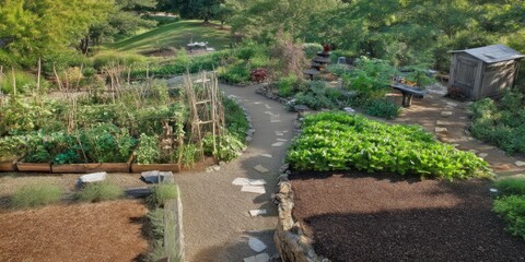 Lush green community garden with diverse plants and gardening infrastructure.