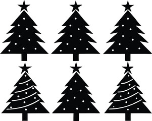 Six Black Christmas Trees with Stars and Decorations on Transparent Background