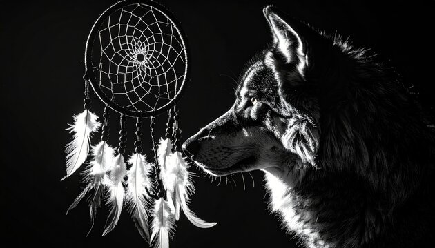 Dramatic black and white image featuring a wolf and dreamcatcher symbolism