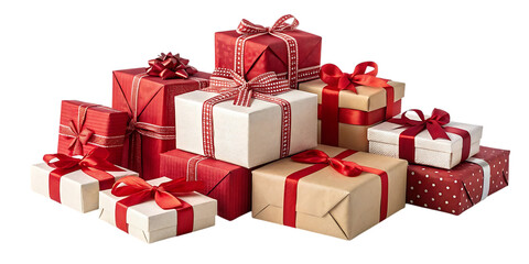 A festive pile of red and white wrapped presents tied with ribbons