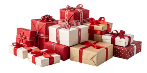A festive pile of red and white wrapped presents tied with ribbons