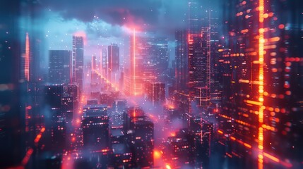 A futuristic cityscape, bathed in vibrant neon lights and glowing digital pathways, creates a captivating and technologically advanced scene.