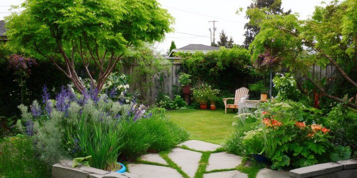 Serene garden with lush greenery and vibrant flowers.