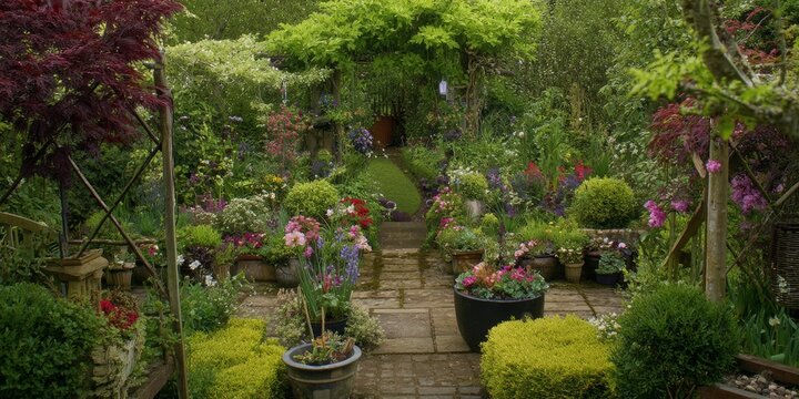 Serene garden pathway surrounded by lush greenery and vibrant flowers.