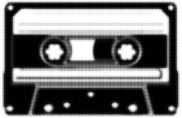 Black and white halftone design of a retro cassette tape recording. Vector illustration