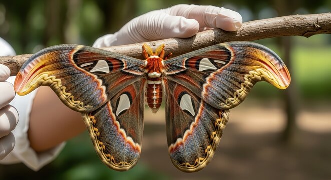 Giant atlas moth held by gloved hands on a branch, showcasing its intricate wing patterns and vibrant colors in a closeup nature shot