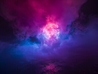 Glowing Orb Surrounded by Swirling Magenta and Blue Smoke light nebula