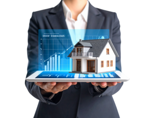 Business Hand Holding Tablet Displaying Real Estate Charts and House Model, Market Analytics, Isolated PNG