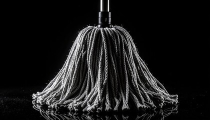 Close-up studio shot of a gray mop on a black reflective background