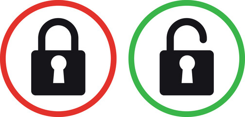 Lock and unlock icon privacy symbol set in red and green color . Set of close and open locks. Lock icon collection. 
