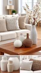 Stylish living room decor with unique vases and cushions in a bright, modern space showcasing minimalist design and elegant simplicity