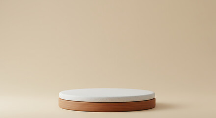  Minimalist Product Display Pedestal - White Stone Cylinder on Terracotta Base with Copy Space on Beige Background