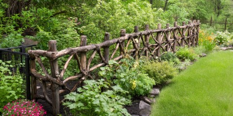 Serene garden scene with wooden fence and lush greenery.
