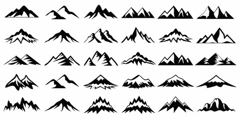 Assortment of black mountain range icons on white mountains