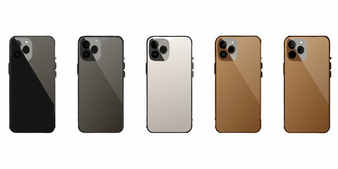 Five smartphones in different colors on a white background
