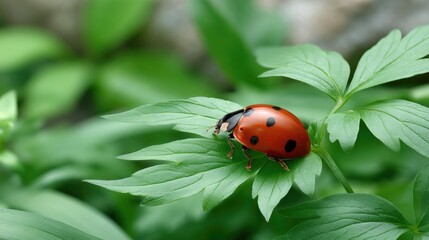Beautiful ladybug resting on vibrant green leaf in a lush garden during a sunny afternoon