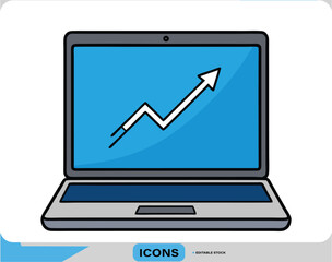 Laptop with Growth Arrow Vector Business Analytics Icon Data Growth on Laptop Screen Tech Analytics Icon  Laptop Displaying