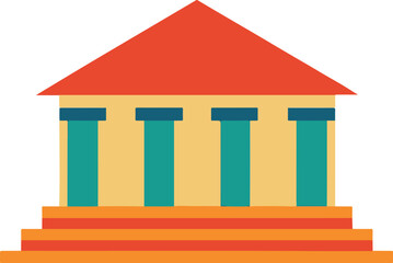Flat design illustration of a classic building with columns and a red roof on a teal background
