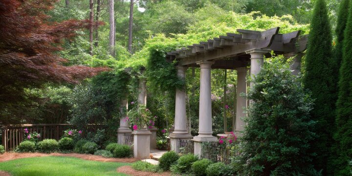 Serene garden with stone pergola and lush greenery.