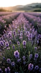Obraz premium Ultra-Realistic Close-Up of Blooming Lavender Flowers in Field, Rich Purple Colors, Sun Rays, Shallow Depth, Cinematic Lighting