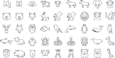 Animal Icon Set Line Art Black And White Doodles Diverse Wildlife