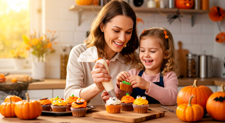 Happy mother and daughter decorating Halloween cupcakes in a decorated kitchen. Festive baking together