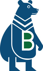 Navy stylized bear featuring geometric elements prominently displays a green letter B on white