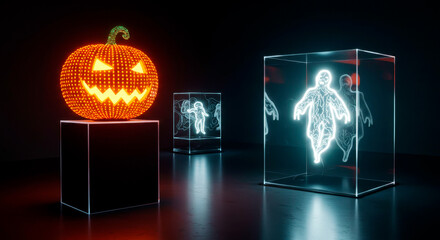 Futuristic Halloween concept with a glowing Jack-o'-lantern and neon ghosts in glass boxes. Modern digital art