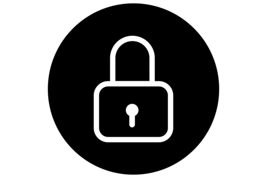 White secure lock icon over black round circle, flat lock security icon for web app logo website android ui design transparent background png file type stock photo