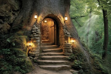 A magical doorway built into a giant tree trunk, with lanterns illuminating stone steps, surrounded by a lush green forest and sunlight streaming through the trees