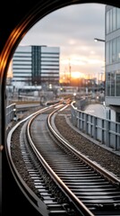 Naklejka premium Sunset view over curved railway tracks through urban architecture in a modern city setting