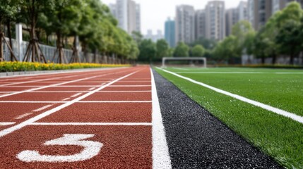 Athletic track with numbered lanes alongside a green field in an urban setting during daylight hours