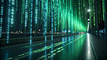 Green digital rain of code falling in a futuristic city street at night with reflections on wet pavement