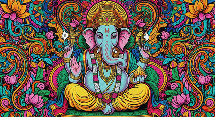 Psychedelic Ganesha in a Vibrant and Colorful Mandala Pattern